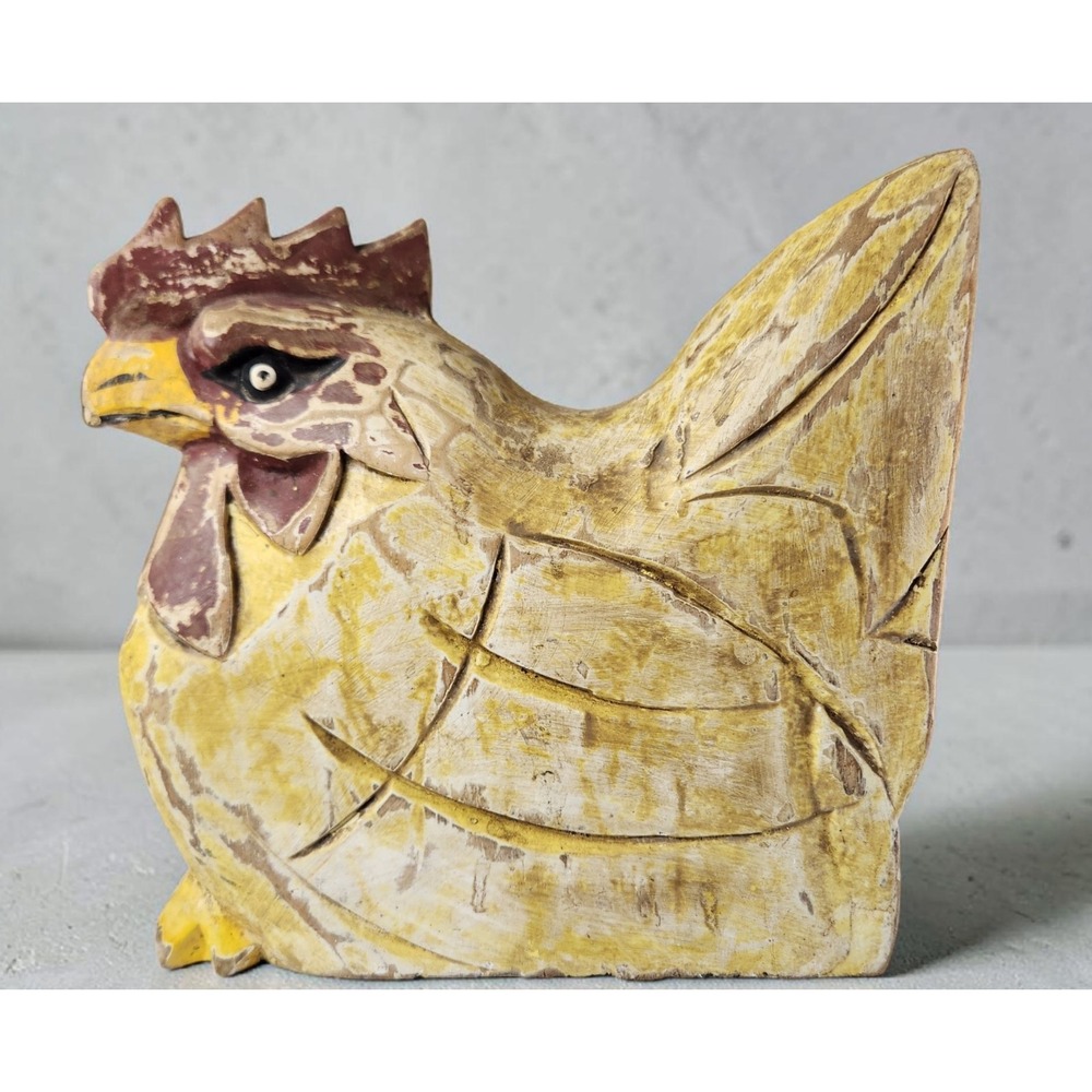 Hand Carved Wooden Chicken Hen Folk Art Sculpture Rustic Decor Indonesia